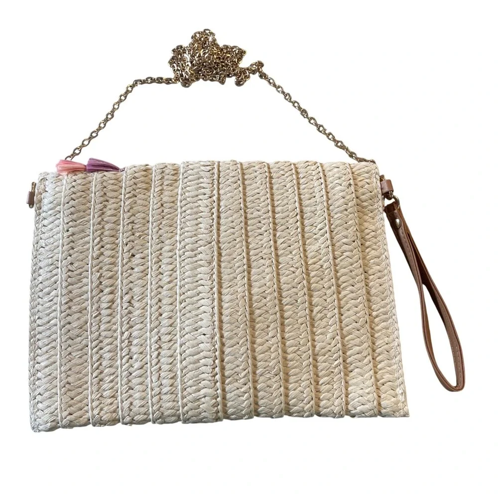Urban Expressions Straw‎ Clutch Women OS Cream Pink Boho Raffia Fringe Crossbody